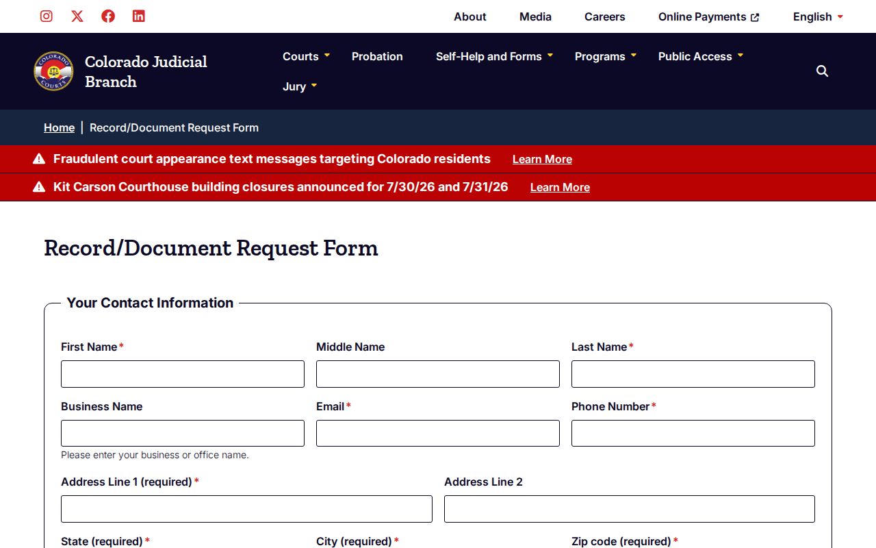 Alamosa County court document request fields and fee notices