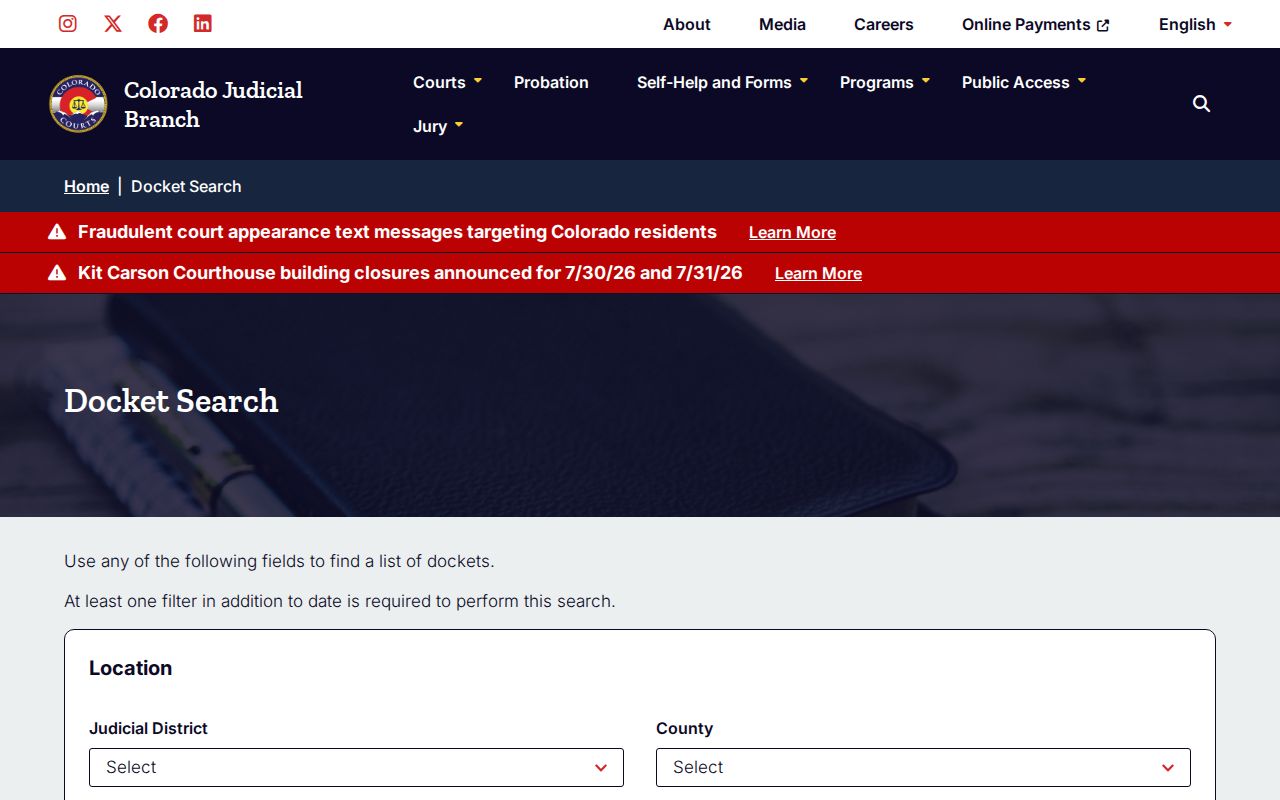 Colorado docket search controls for Alamosa County court hearings