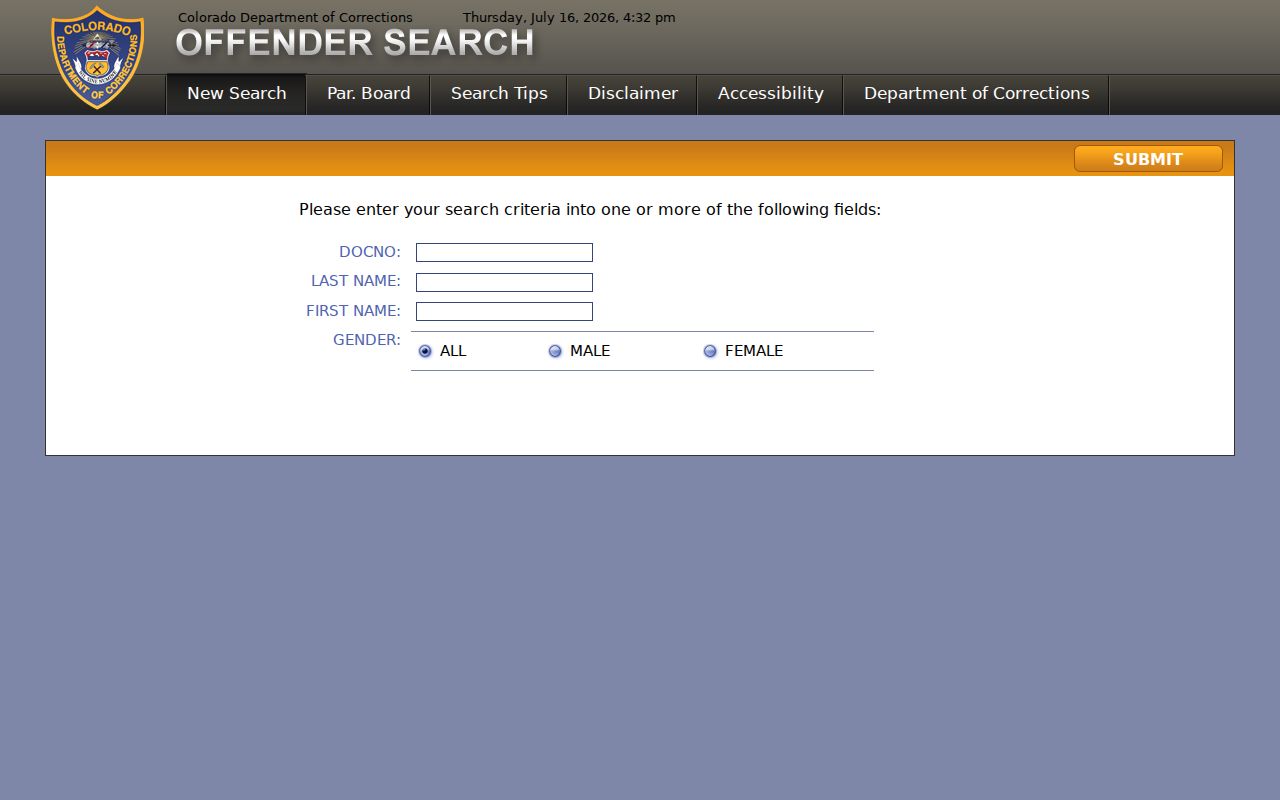 CDOC offender search fields for Alamosa County corrections records