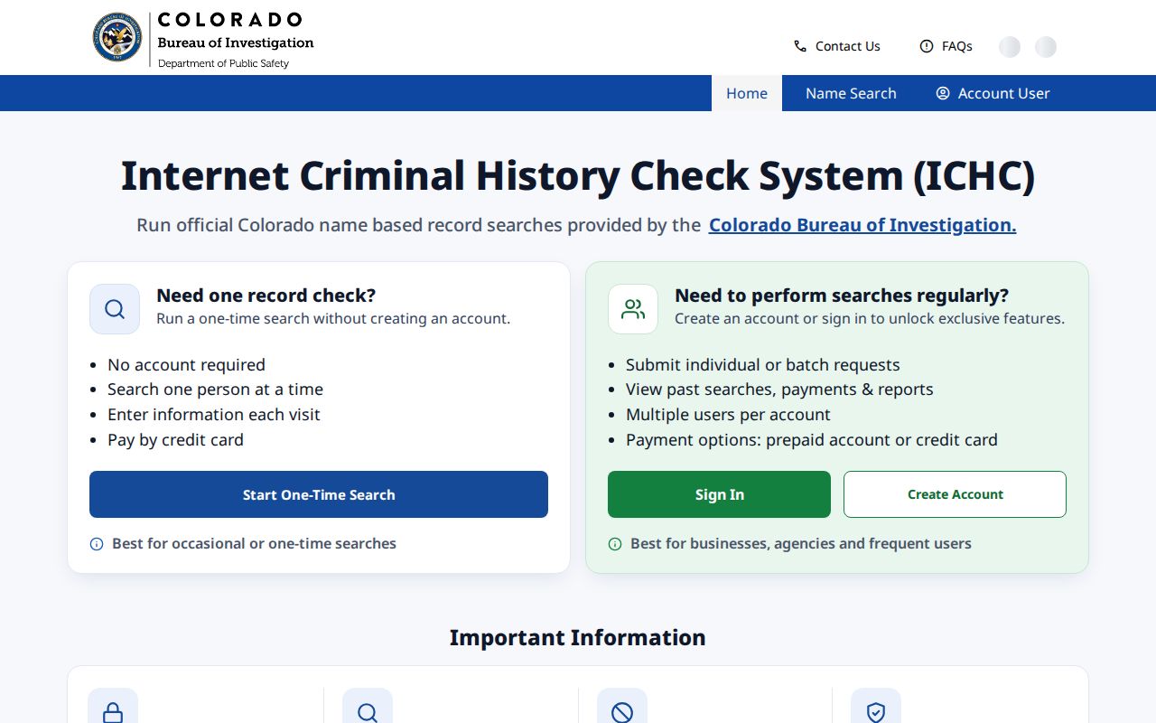 Colorado CBI ICHC name-search fields used for an Alamosa County criminal history