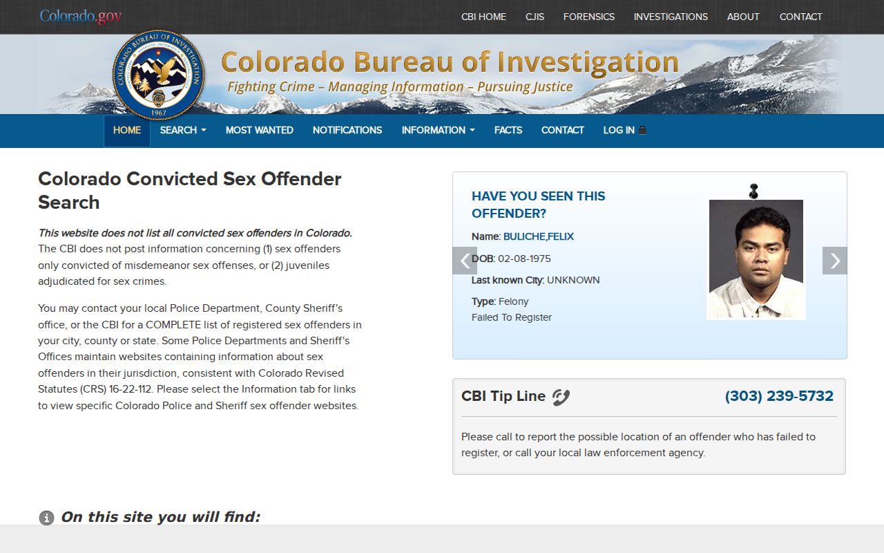 Colorado Sex Offender Registry search form used for Alamosa County